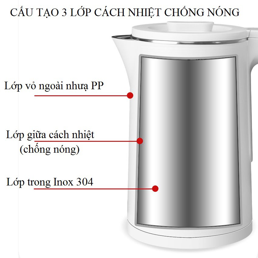 Ấm siêu tốc chính hãng 2 lớp MEIYUN, Ấm đun siêu tốc 2 lớp chính hãng loại 1.8 lít tốt cao cấp - Aka mart