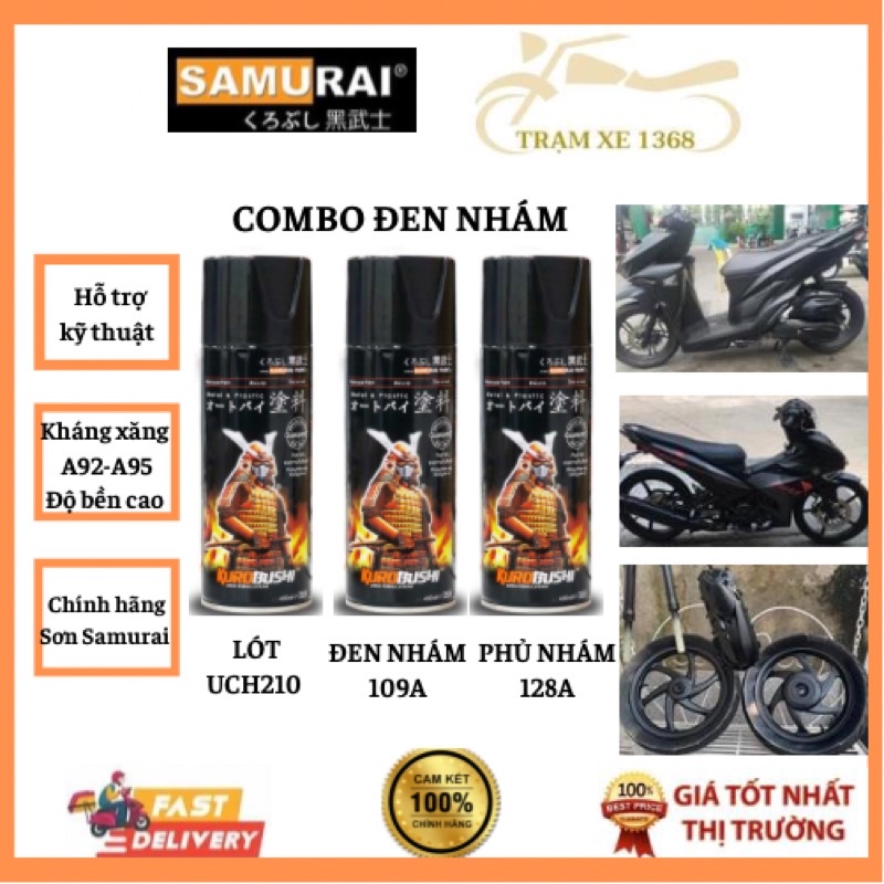 Combo Sơn Xịt Samurai Màu Đen Nhám 109A (Lót Uch210 - Màu 109A - Keo nhám 128A) Chuẩn Quy Trình Sơn Độ Bền Màu Cao