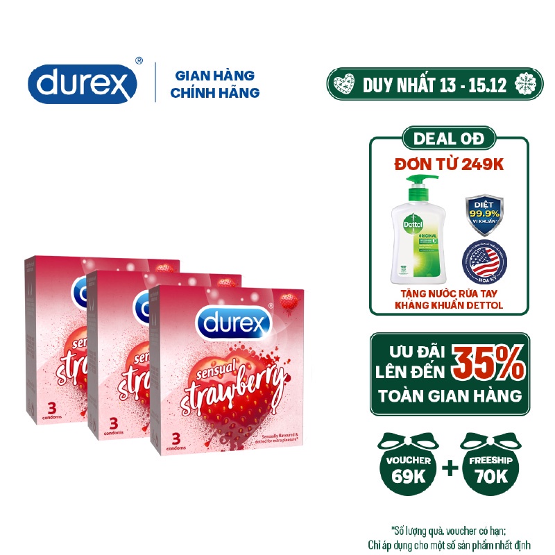 Bộ 3 hộp bao cao su Durex Sensual Strawberry hương dâu (size 52mm, 3 bao/hộp)