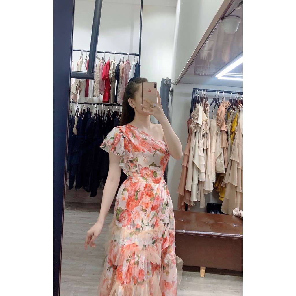 Váy maxi lệch vai Tầng Hoa cam 1325 EC - MH ẢNH THẬT váy dự tiệc váy đi làm đầm thiết kế đầm công sở | BigBuy360 - bigbuy360.vn