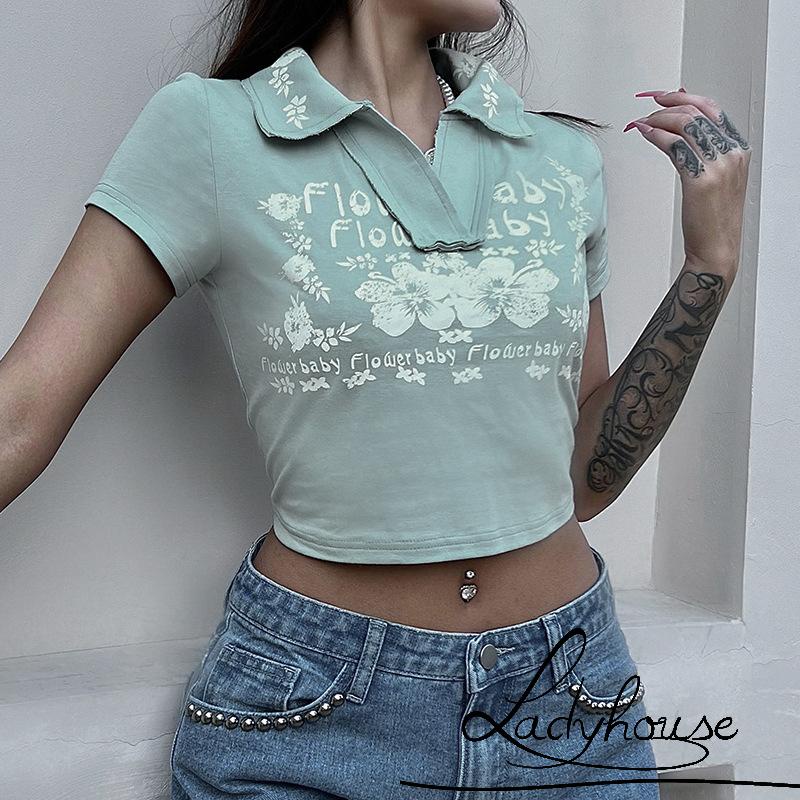 Áo Thun Crop Top Tay Ngắn Dáng Ôm In Chữ/ Hoa Phong Cách Harajuku Cổ Điển Thời Trang Mùa Hè Cho Nữ Y2K