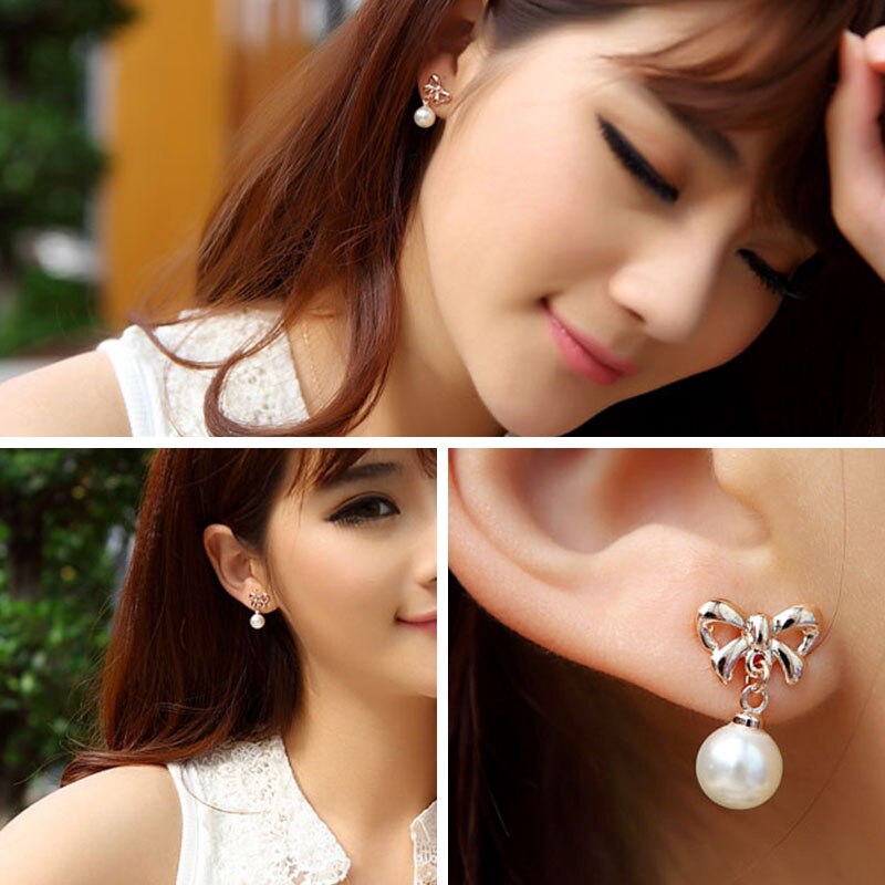 Khuyên tai nơ đính ngọc trai nhân tạo phong cách Hàn Quốc dành cho nữ