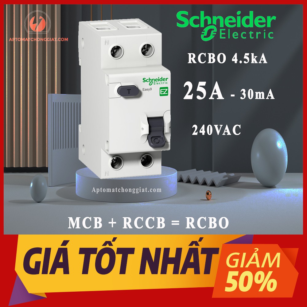 [HÀNG CHÍNH HÃNG] Cầu Dao Chống Giật đa năng  (Aptomat Chống dòng rò)  RCBO Schneider 2P  30mA EZ9D346 4.5kA Chính Hãng