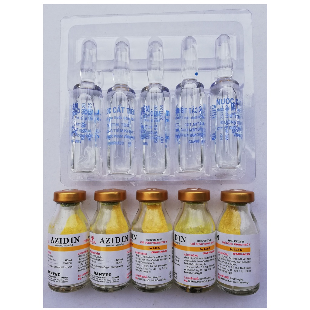 5 lọ Azidin 1,18g và 4 ống nước cất 10ml Dùng cho trâu, bò, ngựa, chó, mèo