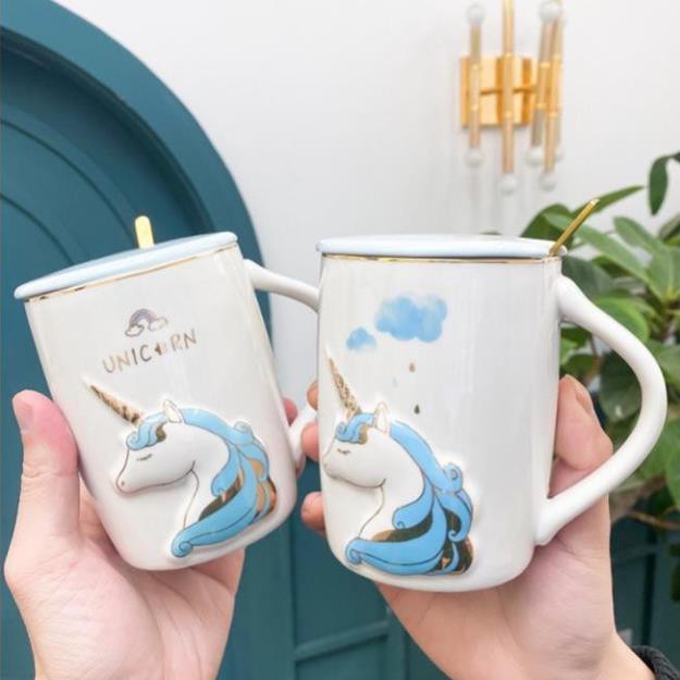 Ly Cốc Sứ Unicorn Kỳ Lân 450ml Có Nắp và Thìa Xinh Xắn