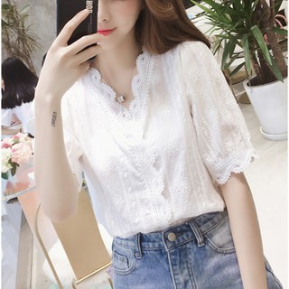 Áo sơ mi nữ cổ ren vạt chồng thời trang hàn quốc
