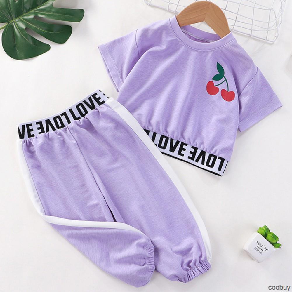 Đồ Thể Thao Vải Cotton Ngắn Tay Cổ Tròn In Họa Tiết Thời Trang Mùa Hè Cho Bé Gái