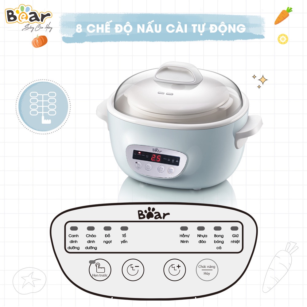 Nồi Nấu Chậm 2,5L Bear SUBE003 Nồi Đa Năng Nấu Cháo, Chưng Yến Bản Quốc Tế Bảo Hành 18 Tháng Chính Hãng