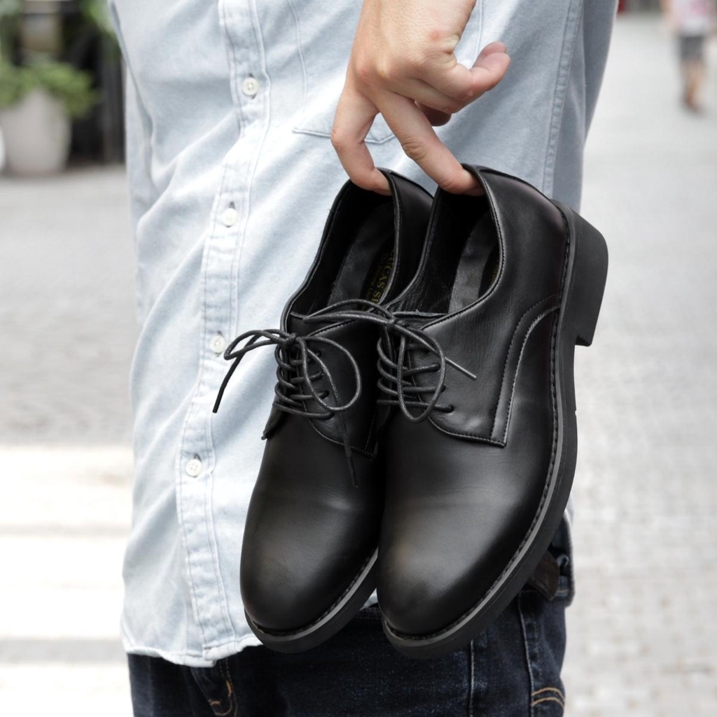 Giày Tây Nam Derby Black 01 Lucas Shoes, Kiểu Dáng Công Sở Cổ Thấp, Da Bò Nappa, Đế Cao Su Đúc - Bảo Hành 1 Năm