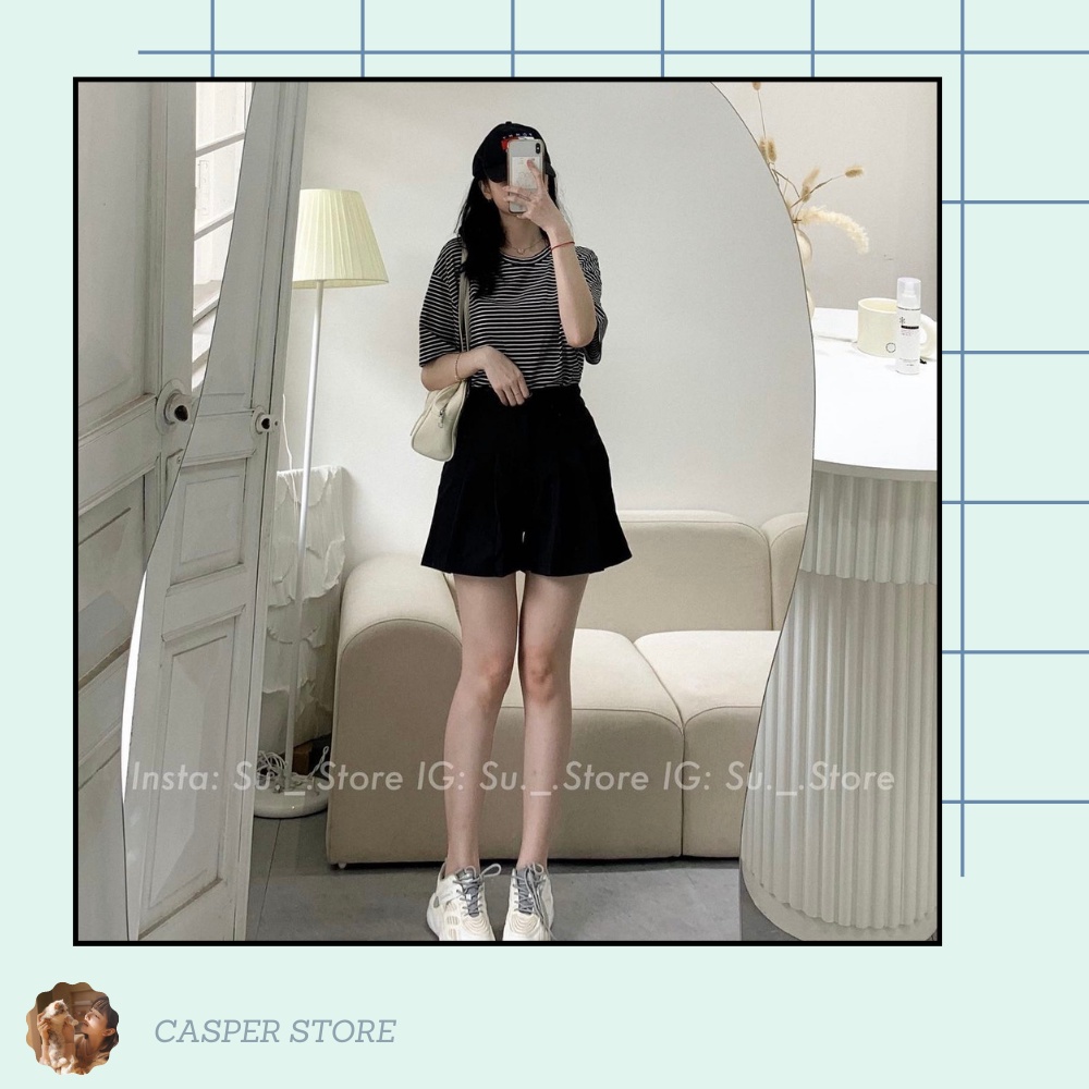 Set thun kẻ ngang nữ ⚡ Casper.Store | FREESHIP | ⚡ Bộ áo phông cộc tay kẻ sọc mix quần short trơn ống rộng