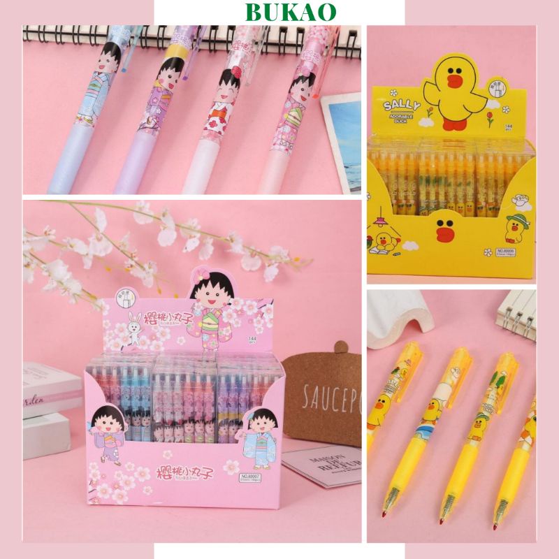 Bút bi bấm có đệm tay mực xanh maruko vịt vàng dễ thương