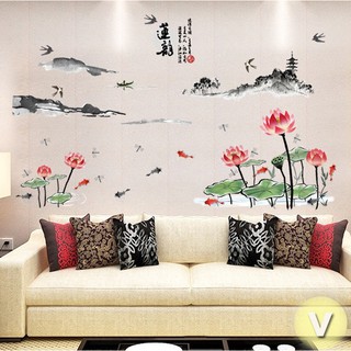 Decal dán tường thủy mặc hoa sen