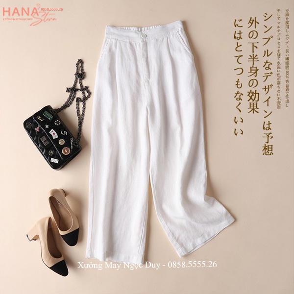 Quần đũi dài nữ ống rộng khóa thật cúc cài lưng thun chun màu Trắng Đen - Quần Culottes ống rộng vải đũi mát đi biển nhà