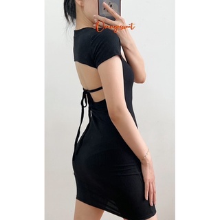 Đầm body hở lưng cột dây thun gân hl
