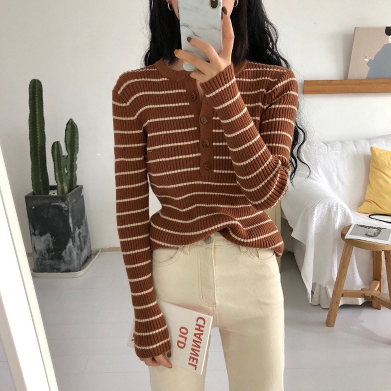 Áo Sweater Cổ Tròn Dáng Ôm Kẻ Sọc Kiểu Hàn Quốc Thời Trang Cho Nữ | WebRaoVat - webraovat.net.vn