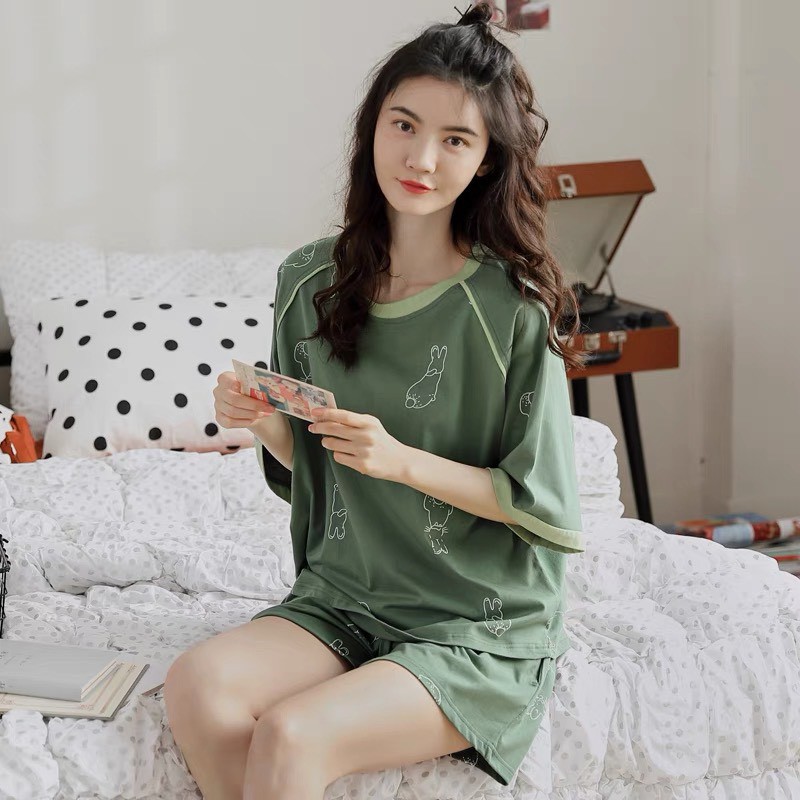 Bộ cotton mặc nhà Quảng Châu cao cấp cộc tay quần đùi co giãn 4 chiều