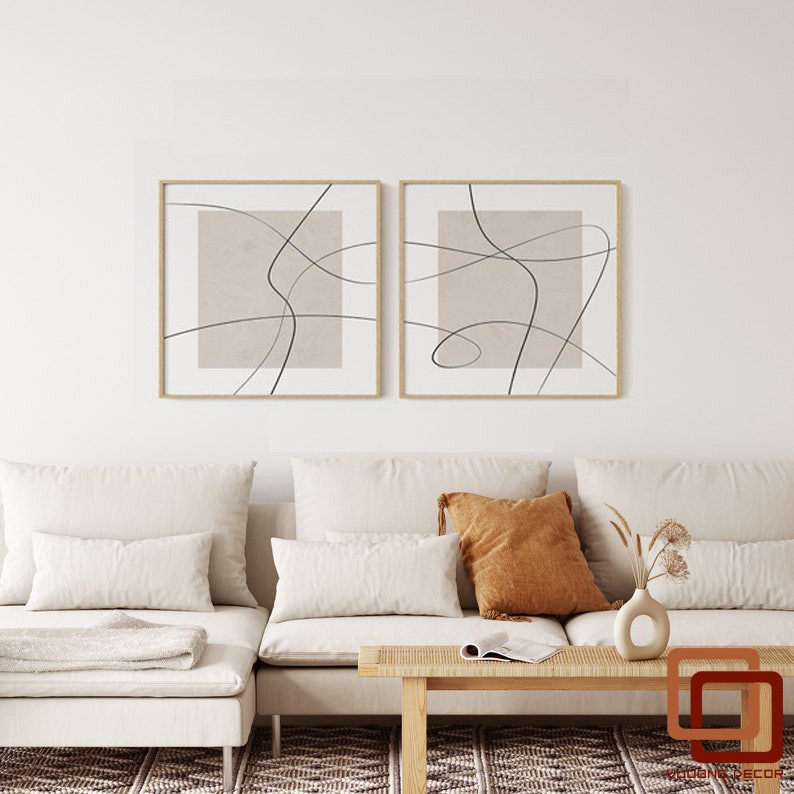 Set 2 tranh canvas tone trắng trừu tượng, có đinh và móc tặng kèm.