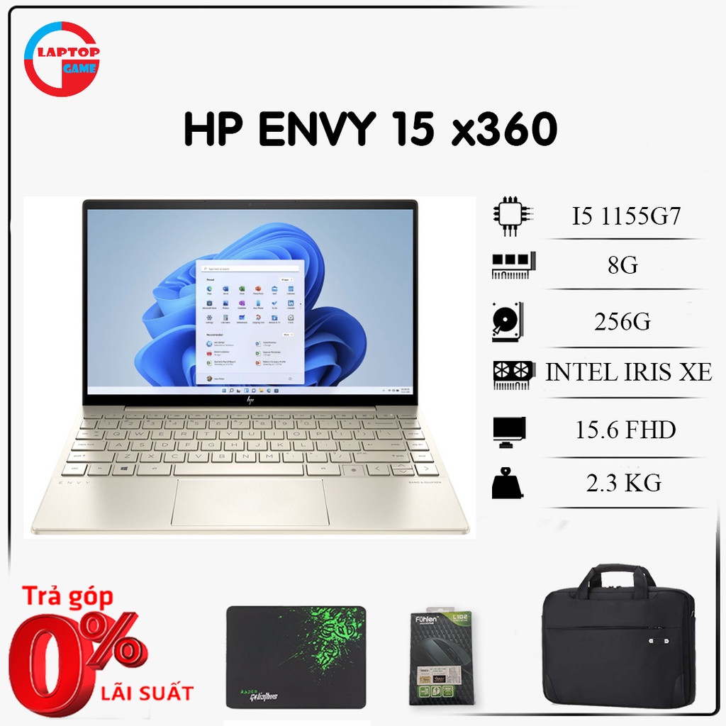 Laptop mỏng nhẹ HP ENVY 15 x360(i5-1155G7, 8GB, 256GB, Intel Iris Xe Graphics, 15.6 inch FHD IPS Touch Screen)