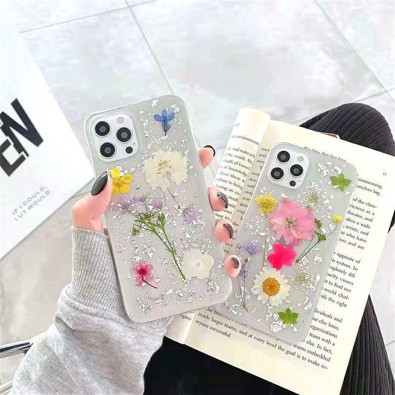 Real Dried Flowers Silver Foil Case For iPhone 12 11 Pro Max SE2020 XR XSMAX X 7 8 Plus Transparent Cover