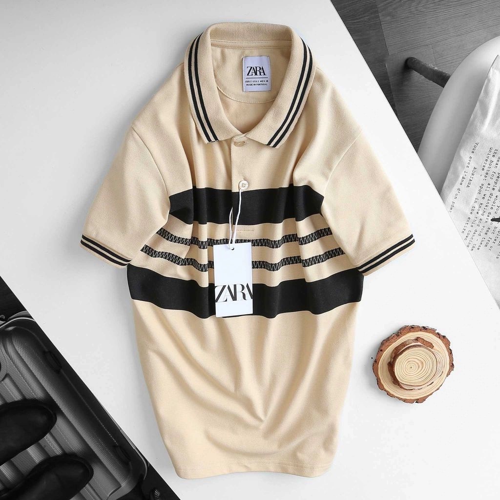 Áo POLO Z.RA viền sọc ngang Áo thun nam có cổ, tay ngắn Lozano Chất cotton, nhiều màu, co giãn