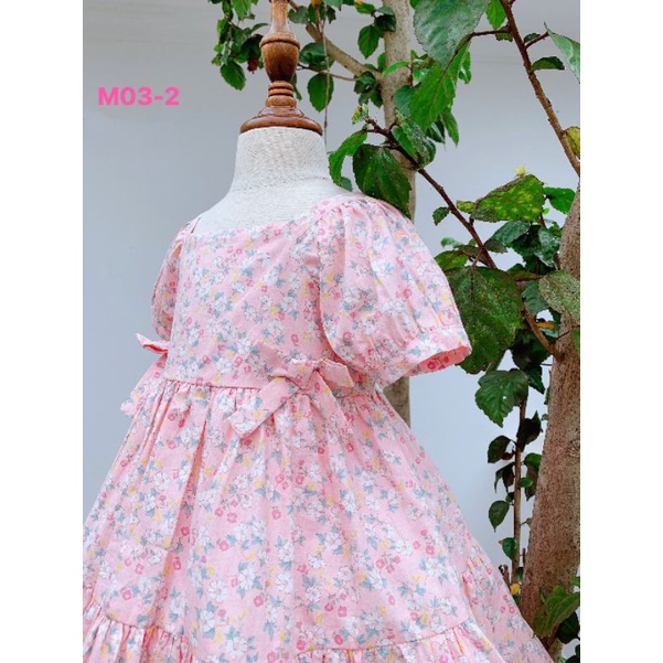 Đầm bé gái tiểu thư vải thô hoa đính nơ xinh xắn 10-38kg
