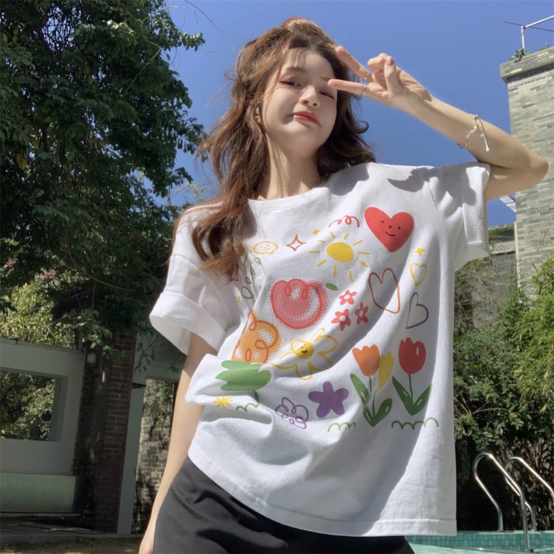 Áo Thun Cổ Tròn Dáng Rộng In Hình Hoa Lá Mùa Hè Phong Cách Hàn Quốc Mới Cho Nữ