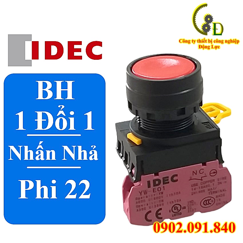 Nút nhấn nhả không đèn phi 22mm 1NC mầu đỏ, công tắc đề ấn nhả series IDEC YW1B-M1E01R