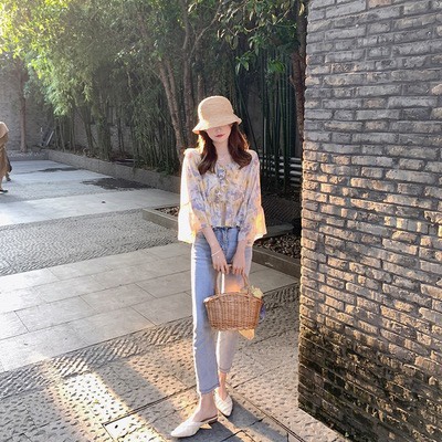 SUXI Áo Tay Lửng Dáng Rộng In Họa Tiết Hoa Phong Cách Vintage Thời Trang Mùa Hè Dành Cho Nữ