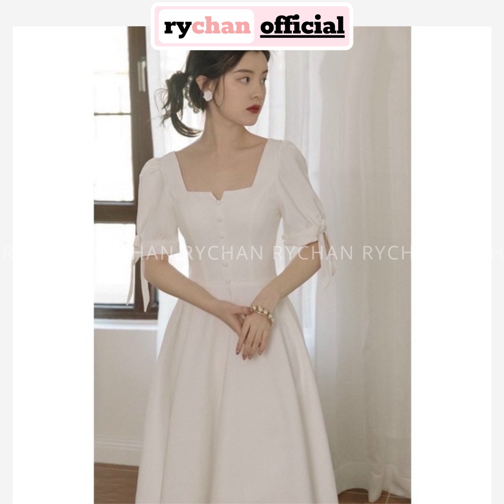 Đầm Nữ Dự Tiệc Dáng Dài Cổ Khóa Nút Bọc Tay Ngắn Nơ Nàng Thơ Pháp Cổ Trắng - DX9814