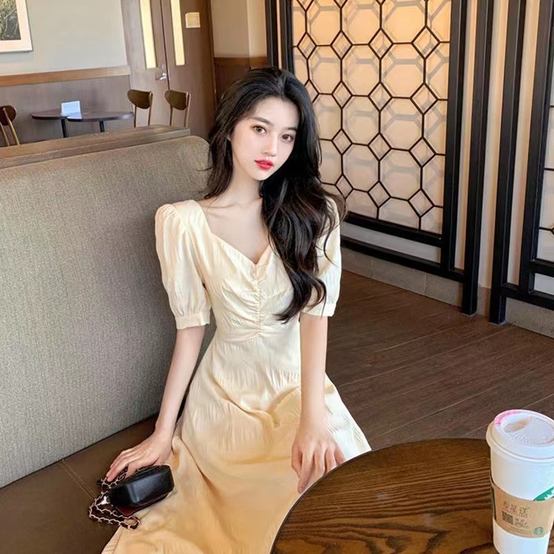 Đầm Hai Dây Tay Phồng Phong Cách Retro Pháp Ngọt Ngào