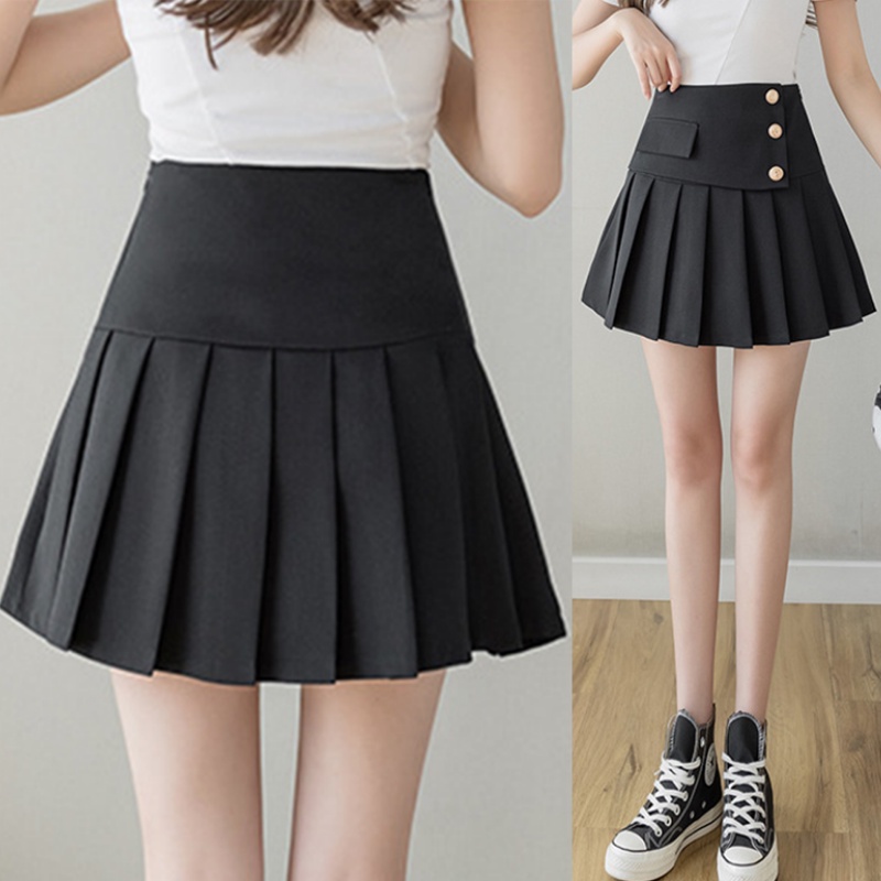 Chân váy tennis xếp ly ngắn lưng cao chữ A đen trắng trẻ trung năng động vạt chéo 3 khuy vải dày có bigsize CV24