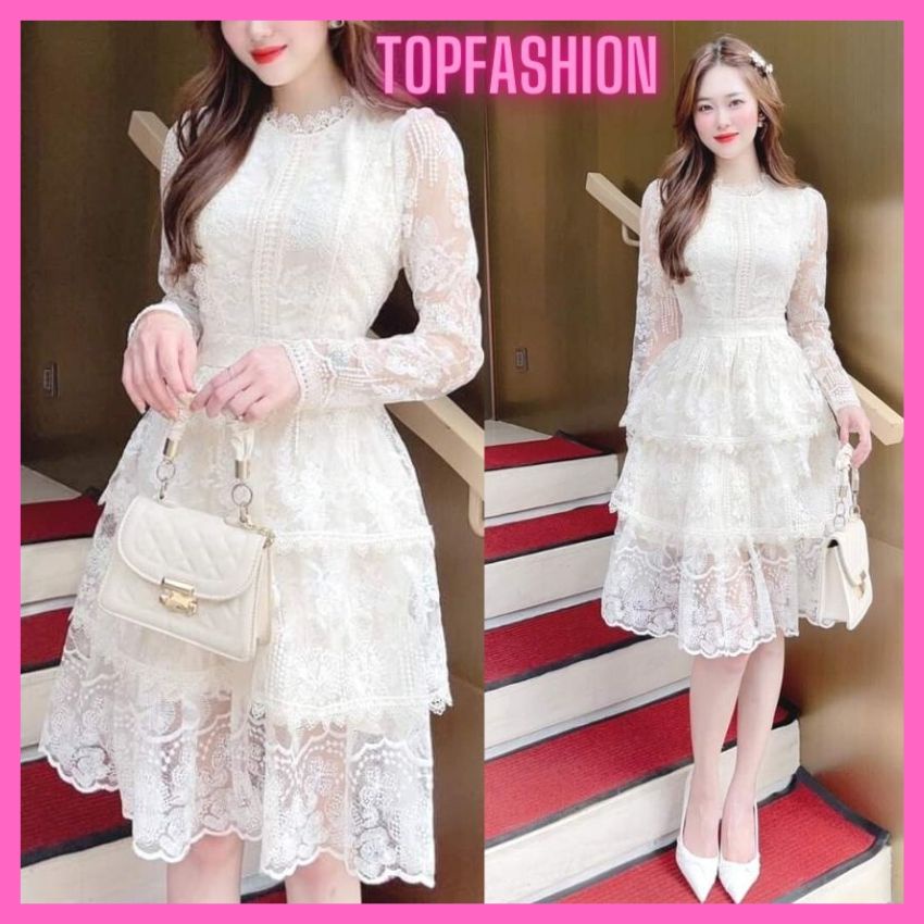 Đầm ren thiết kế Màu kem dài tay TOPFASHION - Váy công chúa đi chơi, dự tiệc cực cuốn hút
