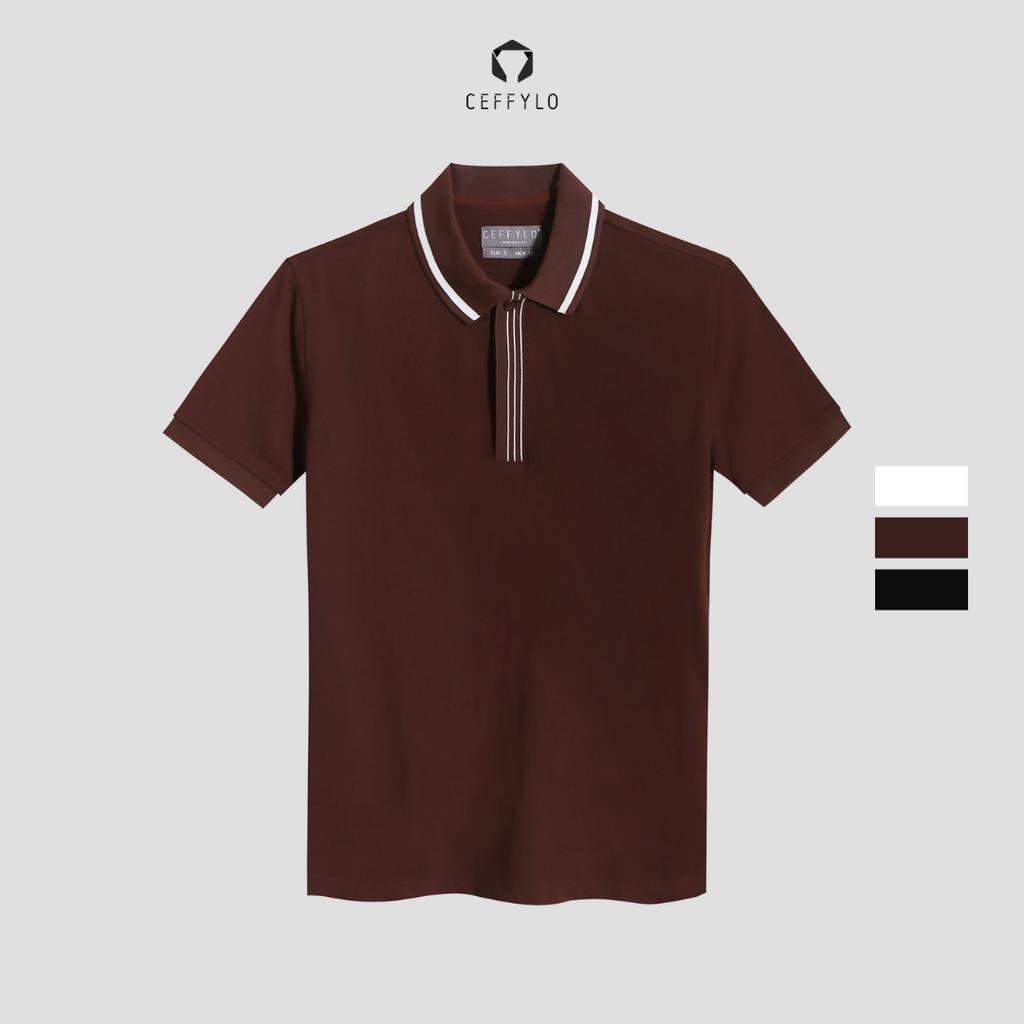 Áo Polo Nam Phối Nẹp Kẻ 3 Sọc Ceffylo Màu Nâu Chất Liệu Cotton Thoáng mát Hạn Chế Nhăn Co Dãn Tốt Thời Trang Nam
