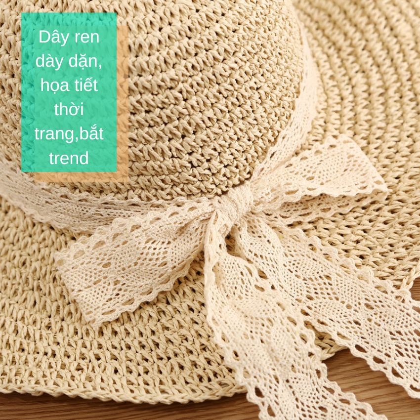Mũ cói mềm rộng vành thắt nơ ren Vintage