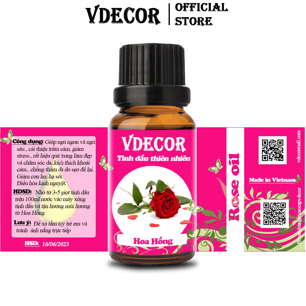 Tinh Dầu Hoa Hồng VDECOR Nguyên Chất 100% từ Thiên Nhiên (10ml)