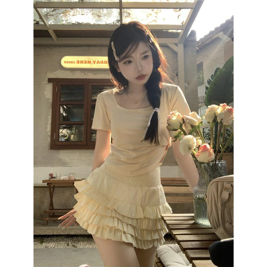 Áo Thun Cổ Vuông Ngắn Tay Phong Cách Hàn Quốc Cá Tính 62376