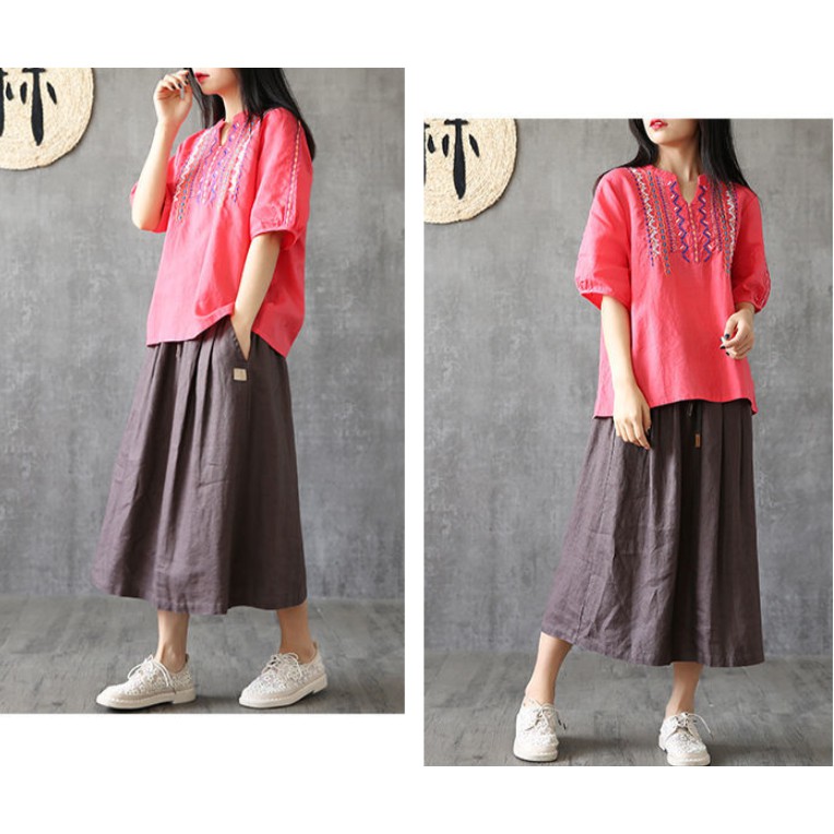 Áo sơ mi vải lanh tay ngắn dáng rộng thêu họa tiết kiểu Vintage thời trang mùa hè cho nữ Size M-4XL