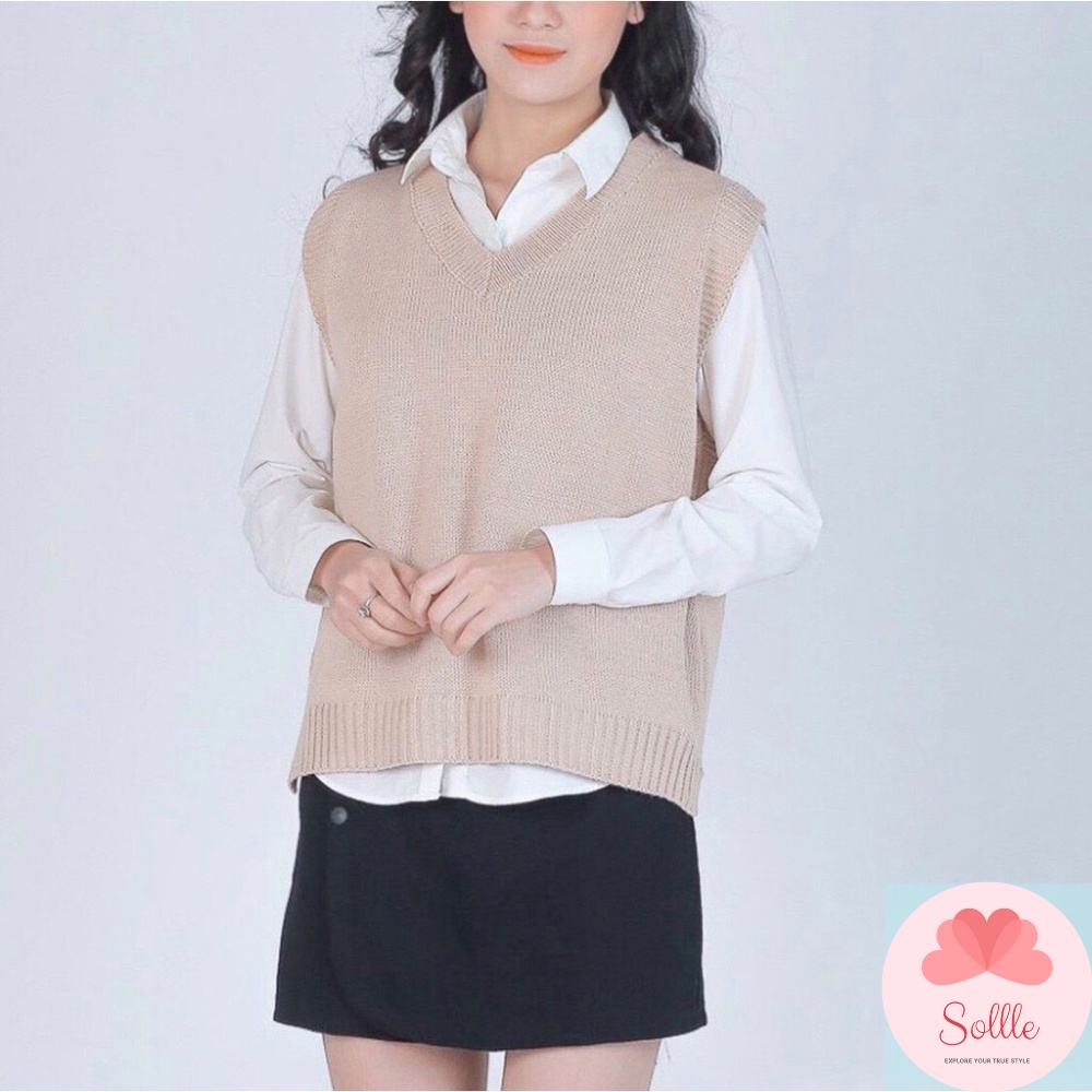 Áo gile nữ len trơn cổ V form rộng unisex Hàn Quốc free size nhiều màu ulzzang Sollle