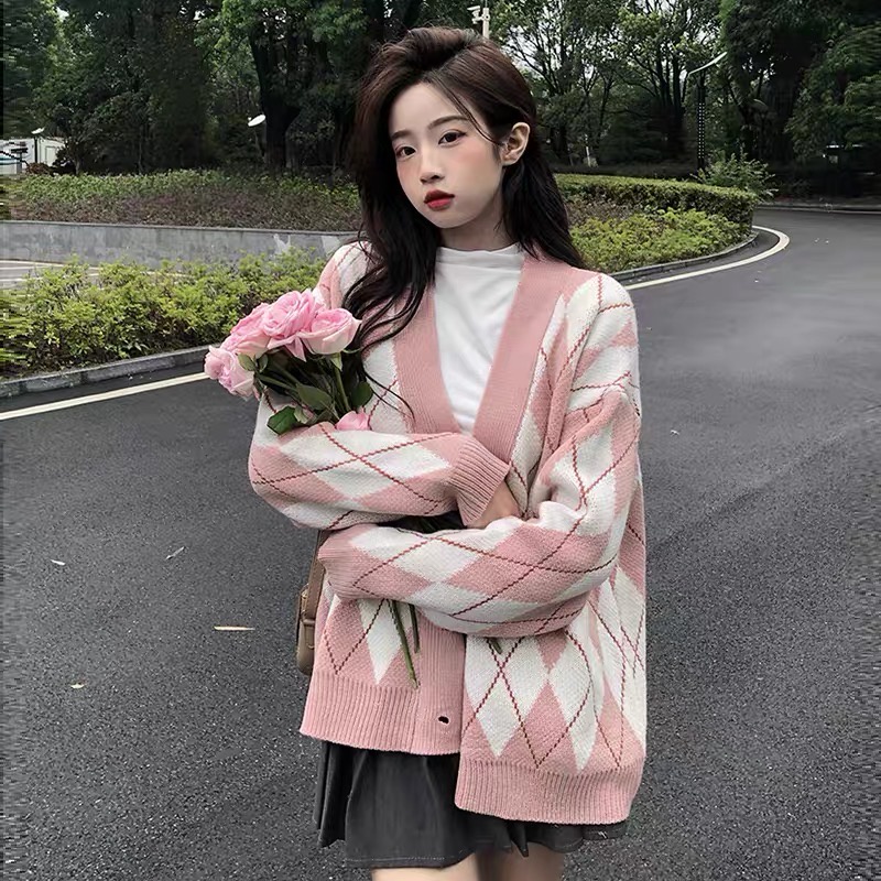 Áo khoác cardigan len caro nữ dáng dài form rộng dày dặn kiểu cổ V dệt kim phong cách Hàn Quốc trẻ trung
