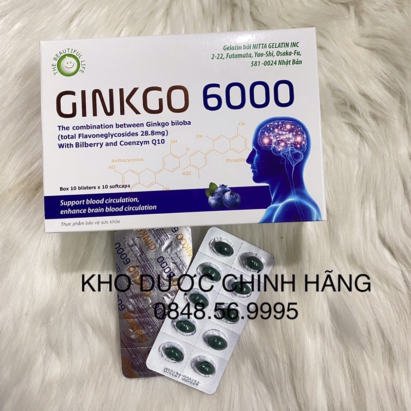BỔ NÃO GINKGO 6000 hộp 100 viên - Tăng cường tuần hoàn, lưu thông máu lên não, giảm đau đầu, mất ngủ