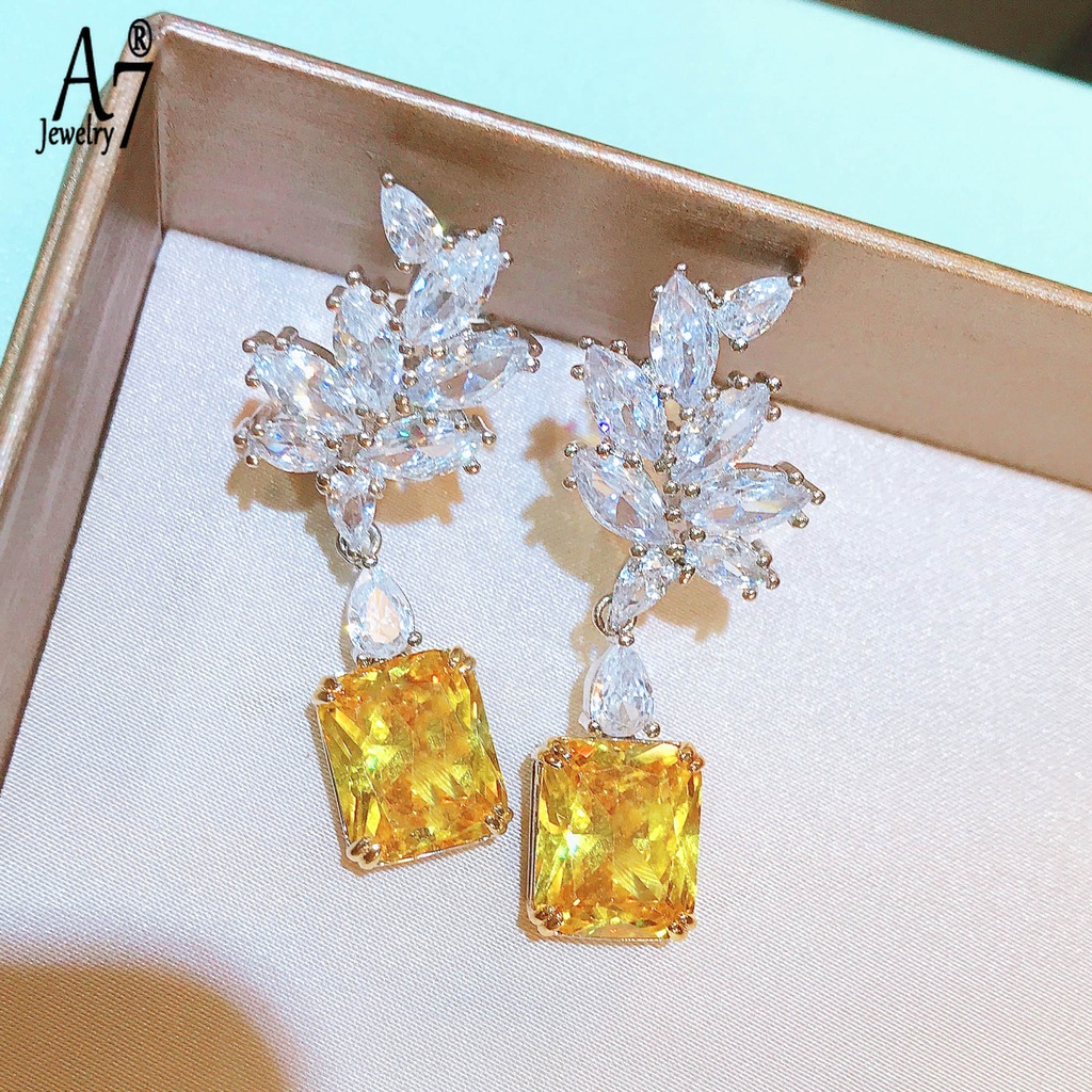 Bông Tai Bạc A7 S925 Đính Đá Kim Cương Giả Nhiều Màu Sắc