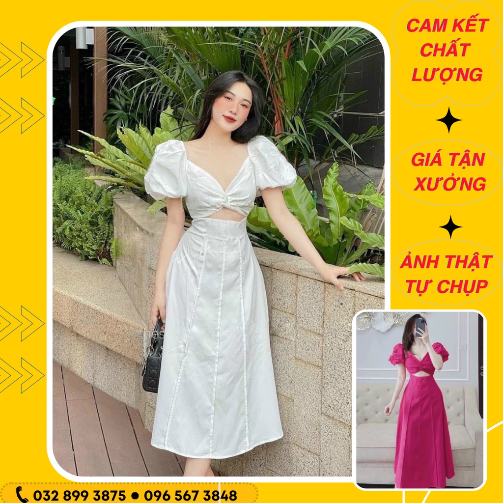 ĐẦM ĐI TIỆC ĐI BIỂN tay phồng sang trọng siêu xinh tôn dáng sexy-Đầm dài xoắn ngực,Cut-out eo