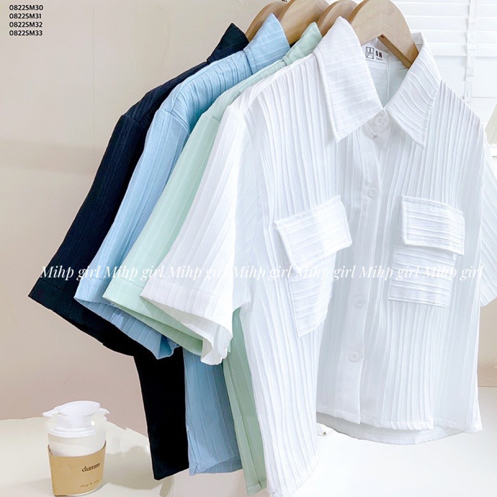 Áo sơ mi croptop 2 túi oversize vải xốp gân