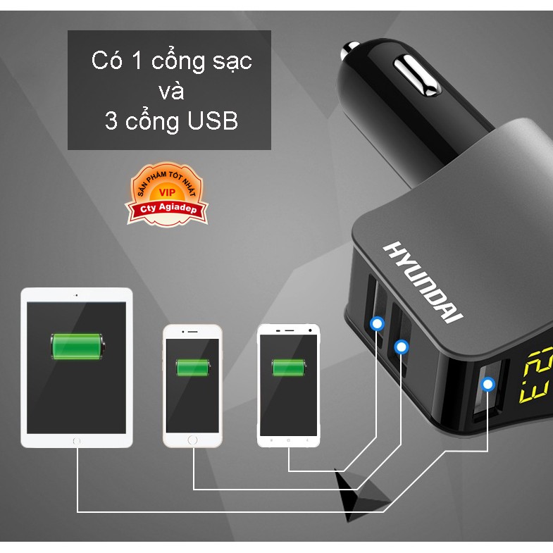 Tẩu sạc oto xe hơi hàng hiệu Hyundai sạc nhanh QC3.0 1 tẩu cổng 3 USB AHY10