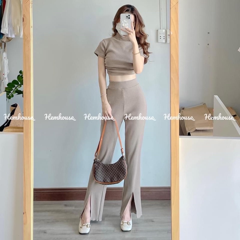 (Hình mẫu và sàn thật 100%) SÉT GÂN ÁO CROP HỞ LƯNG + QUẦN ÔM XẺ