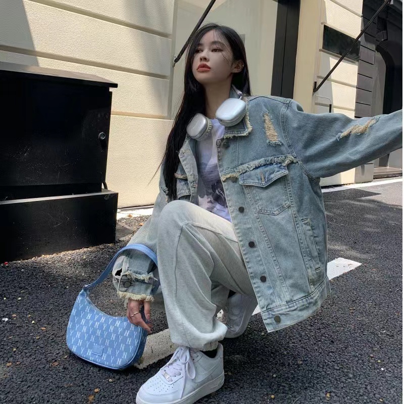 ZHELIHANGFEI Áo Khoác Denim Dài Tay Dáng Rộng Phối Túi Cá Tính Theo Phong Cách Retro Mỹ