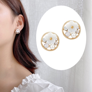 Round small flower Korean earrings inlaid mother-of-pearl, rhinestone earrings