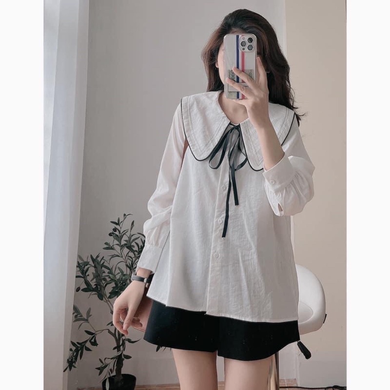 Áo sơ mi cổ bèo viền chỉ thắt nơ 2 màu