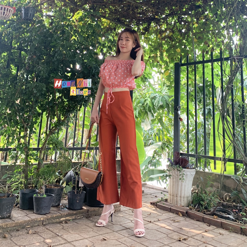 Set Bộ Áo Croptop Bẹt Vai Phối Quần Dài Ống Rộng Màu Cam Ulzzang - NT