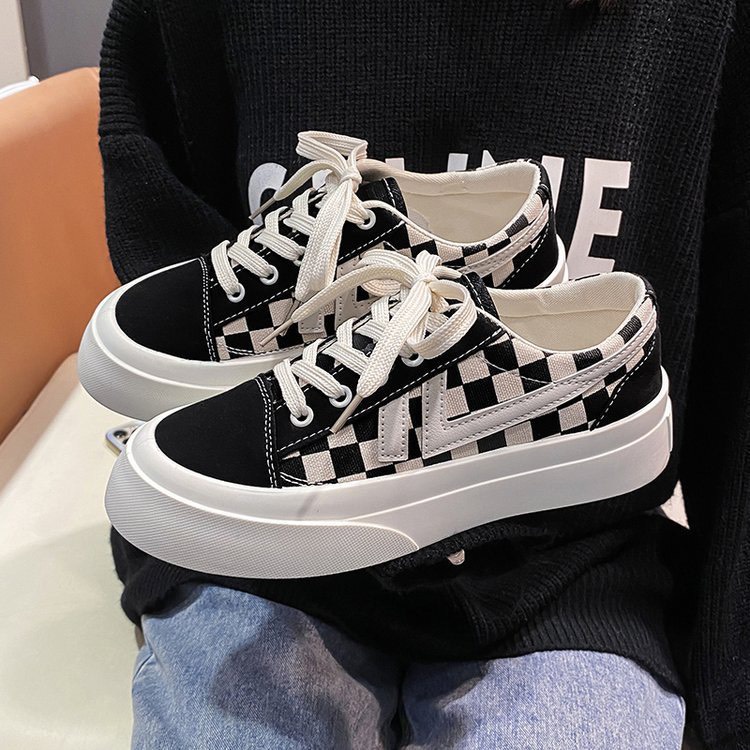 Giày thể thao nữ kẻ caro màu đen trắng cao cấp , giày sneaker ulzzang đế cao